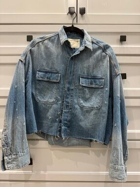 R13 Cropped Distressed Light Wash Denim shirt